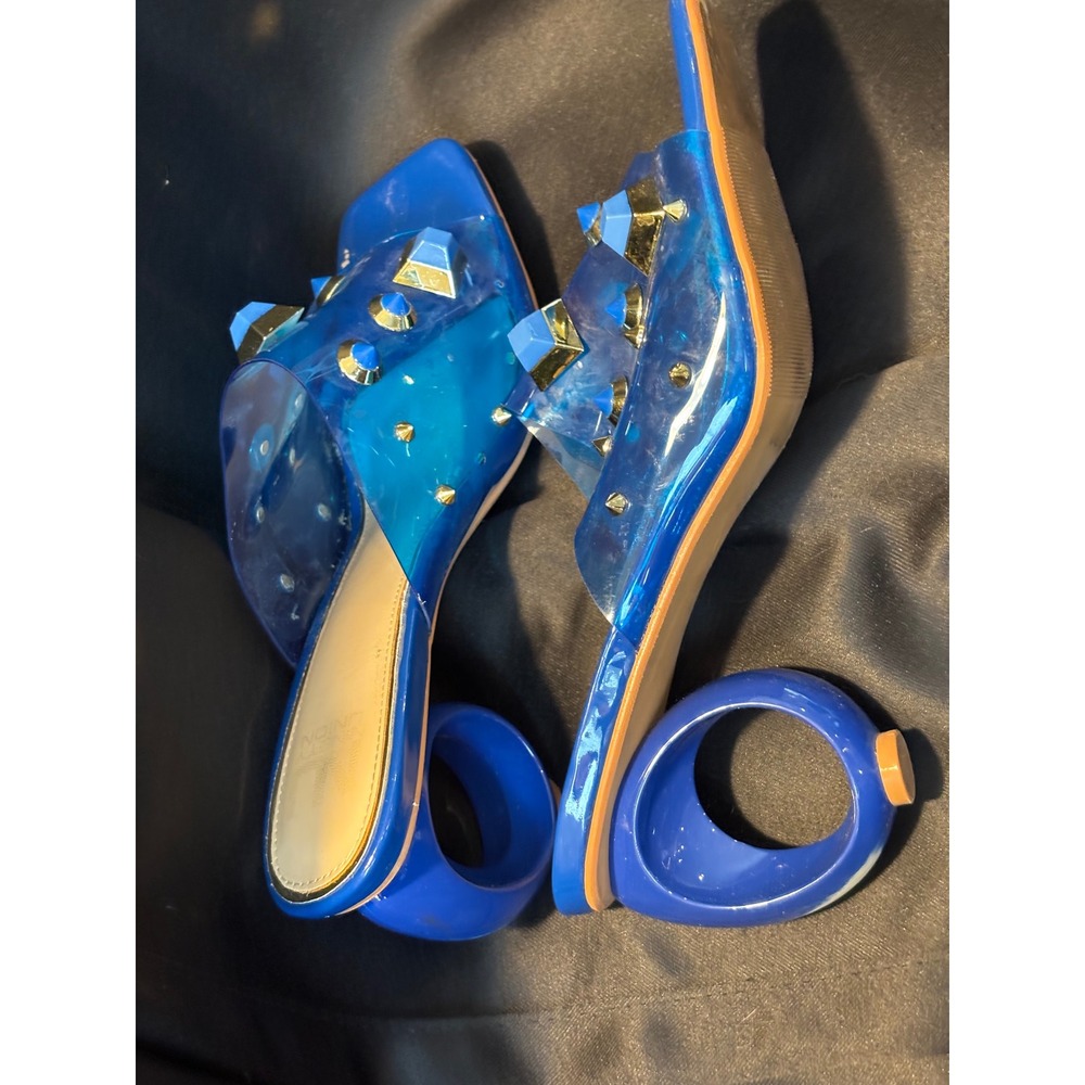 Ninety Union Vegas Blue Clear Studded Sculptural Circular Heel Slide Sandals 9
